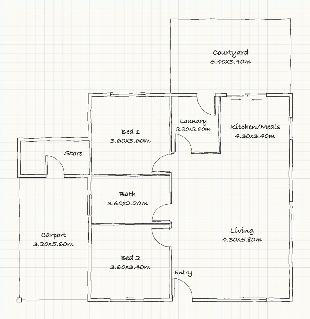 Before: a hand sketch of a two-bedroom villa on graph paper, with room names and sizes.