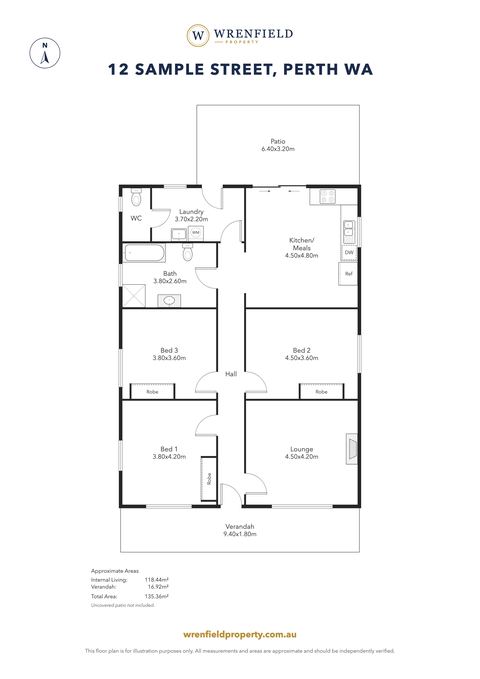 Sample plan of a three-bedroom cottage in the black and white style, for a made-up agency.