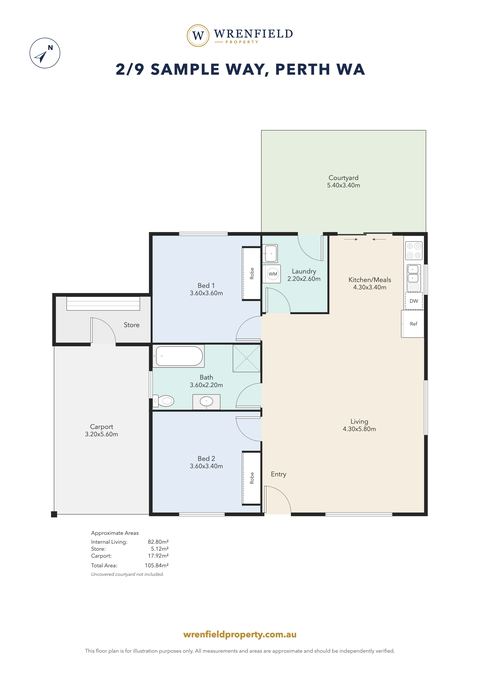 Sample plan of a two-bedroom villa in the colour style, for a made-up agency.