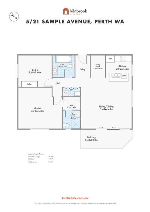 Sample plan of a two-bedroom apartment in the grey style, for a made-up agency.