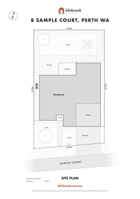 Sample site plan of the same four-bedroom home on its lot, with the street, driveway, lawn and boundary lengths, for a made-up agency.